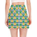 Blue Striped Pineapple Pattern Print Side Slit Mini Skirt