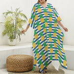 Blue Striped Pineapple Pattern Print Silk V-Neck Kaftan Dress