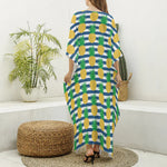 Blue Striped Pineapple Pattern Print Silk V-Neck Kaftan Dress