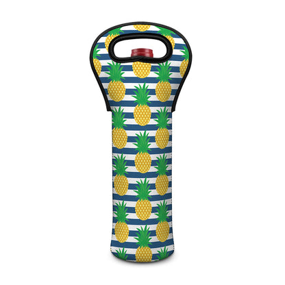 Blue Striped Pineapple Pattern Print Single Neoprene Wine Tote
