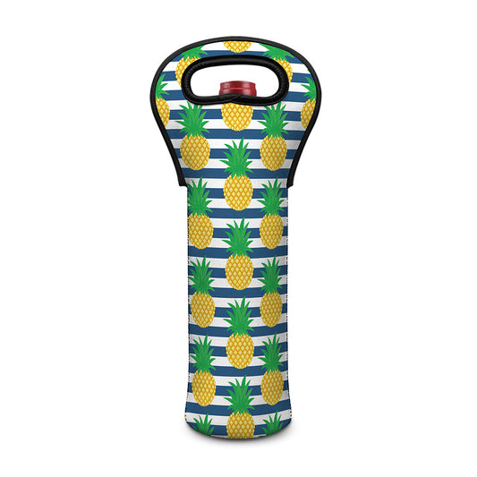 Blue Striped Pineapple Pattern Print Single Neoprene Wine Tote