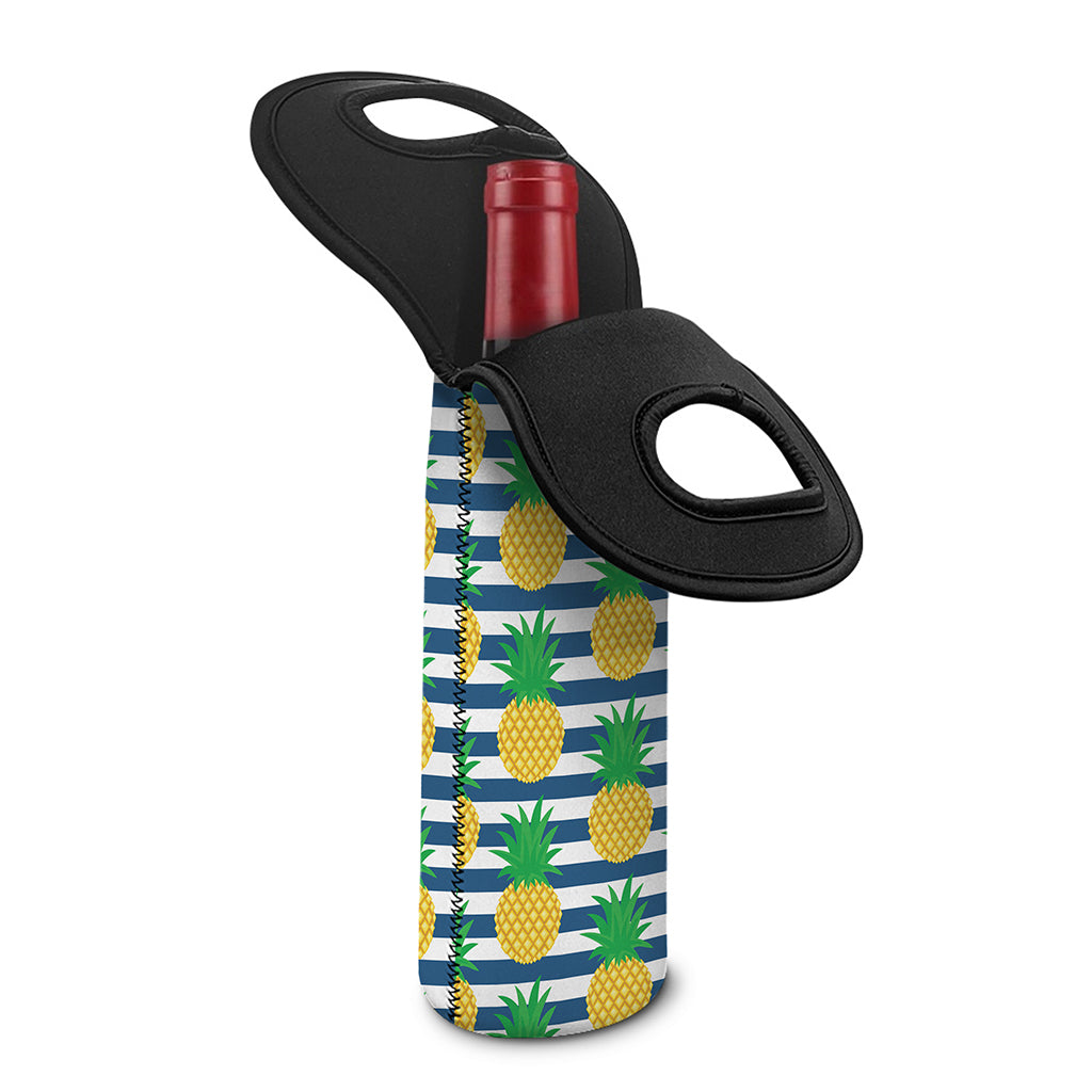 Blue Striped Pineapple Pattern Print Single Neoprene Wine Tote