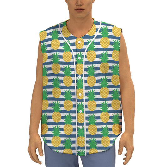 Blue Striped Pineapple Pattern Print Sleeveless Baseball Jersey