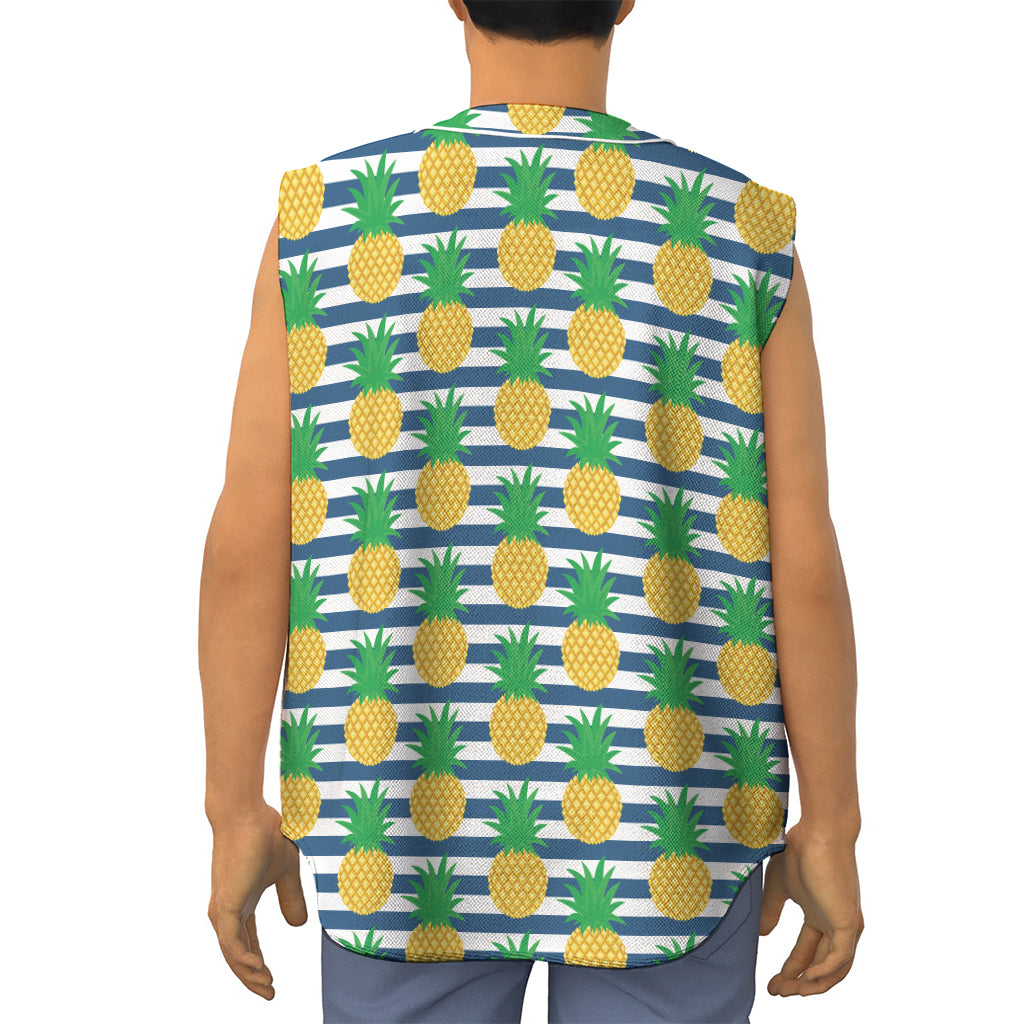 Blue Striped Pineapple Pattern Print Sleeveless Baseball Jersey