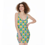 Blue Striped Pineapple Pattern Print Sleeveless Bodycon Dress