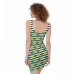Blue Striped Pineapple Pattern Print Sleeveless Bodycon Dress