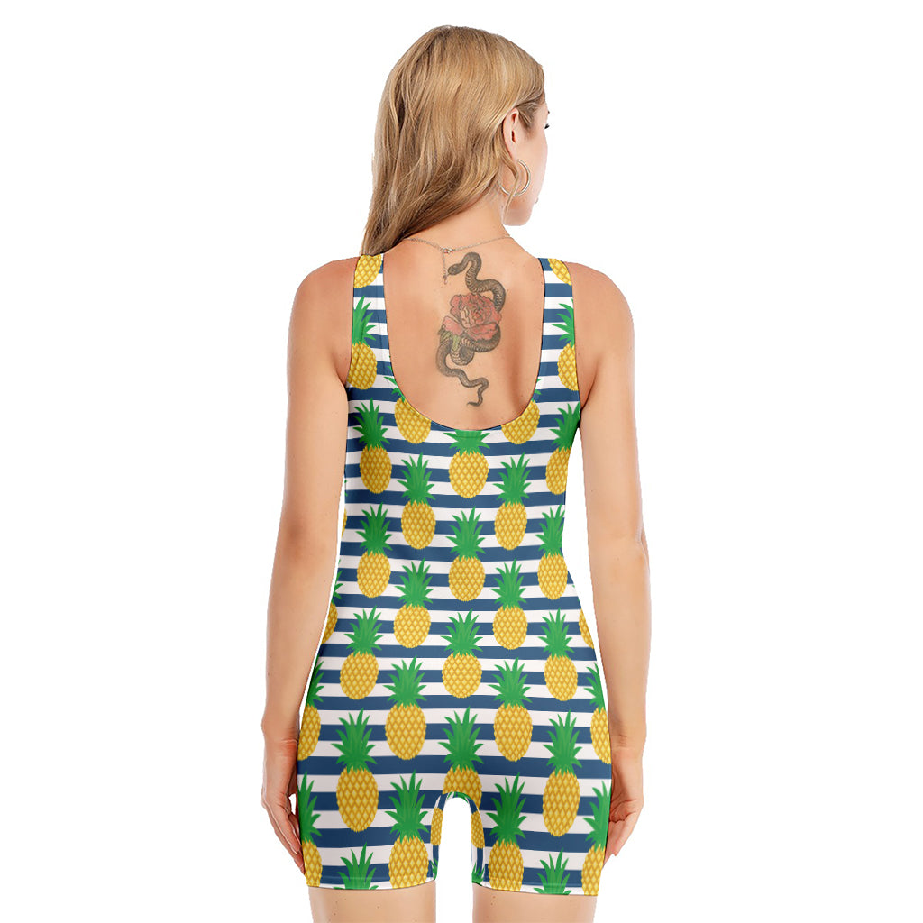 Blue Striped Pineapple Pattern Print Sleeveless One Piece Swimsuit