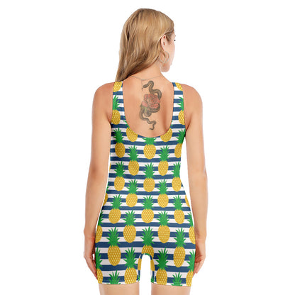 Blue Striped Pineapple Pattern Print Sleeveless One Piece Swimsuit