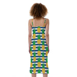 Blue Striped Pineapple Pattern Print Slim Fit Midi Cami Dress