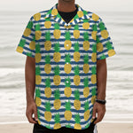 Blue Striped Pineapple Pattern Print Textured Short Sleeve Shirt