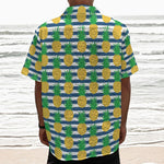 Blue Striped Pineapple Pattern Print Textured Short Sleeve Shirt