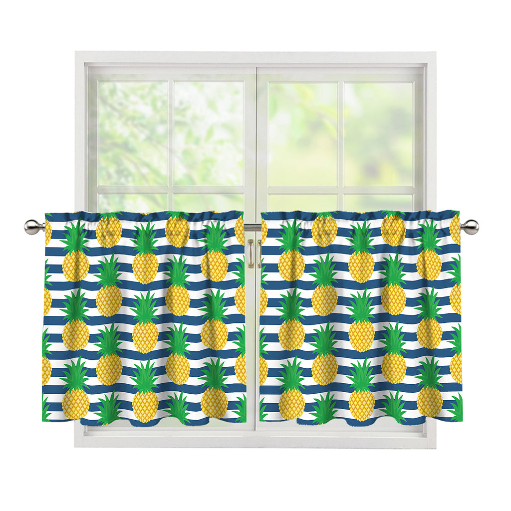 Blue Striped Pineapple Pattern Print Tier Curtains