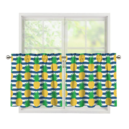 Blue Striped Pineapple Pattern Print Tier Curtains