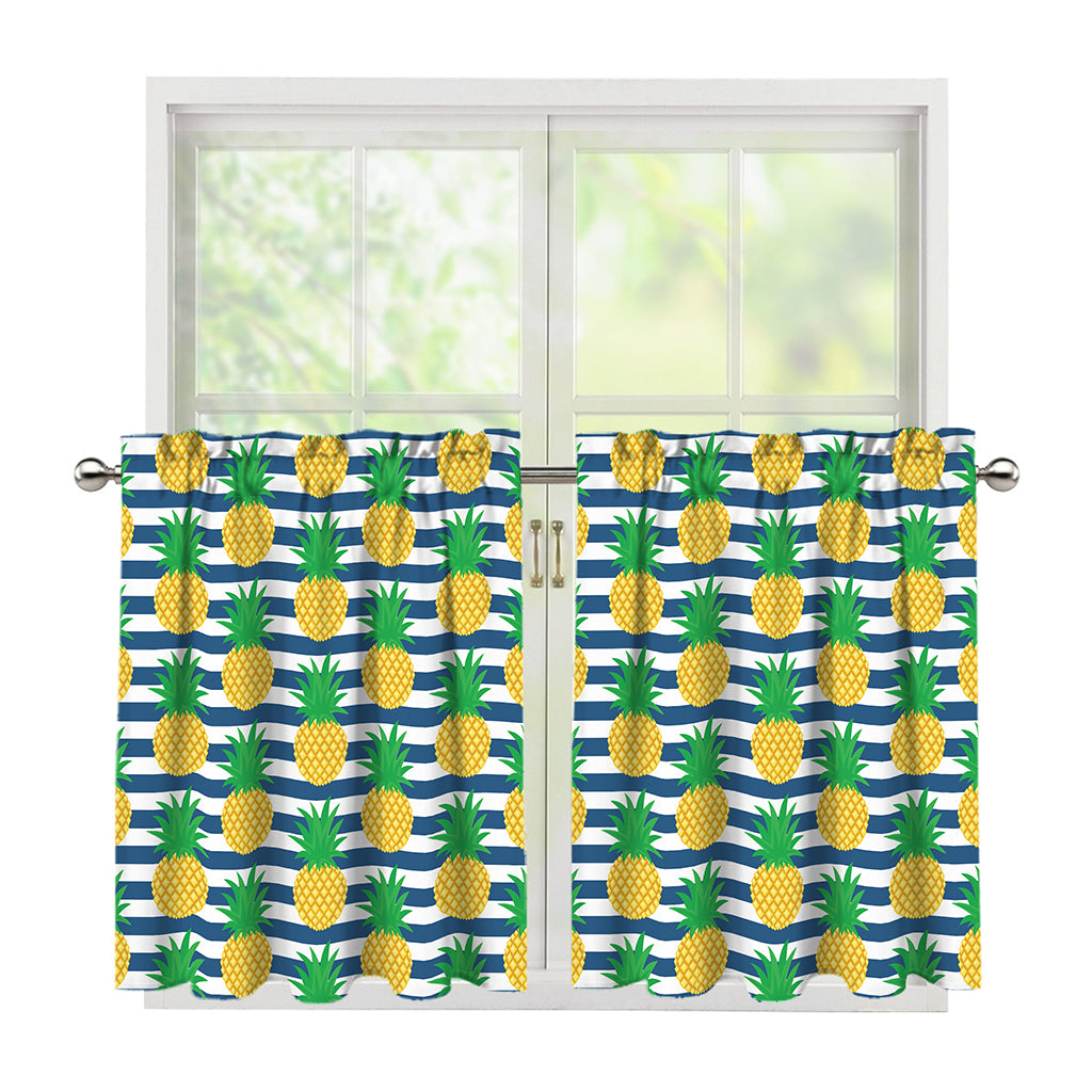 Blue Striped Pineapple Pattern Print Tier Curtains