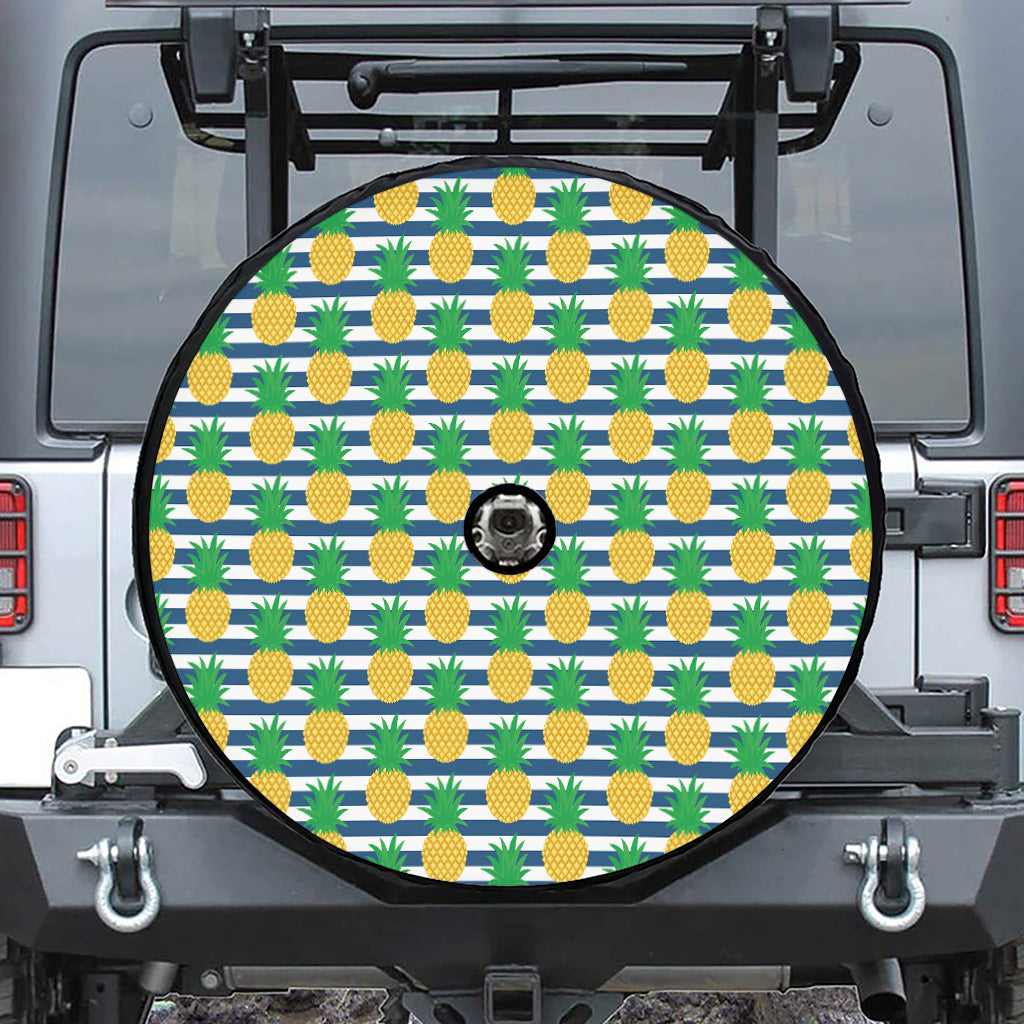 Blue Striped Pineapple Pattern Print Tire Cover With Camera Hole