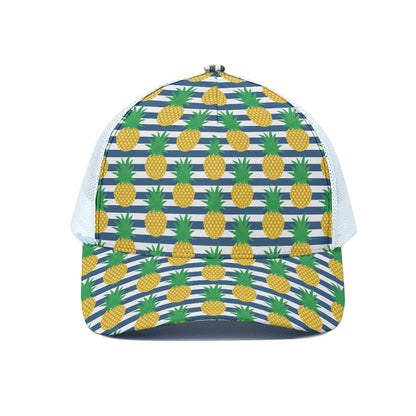 Blue Striped Pineapple Pattern Print White Mesh Trucker Cap