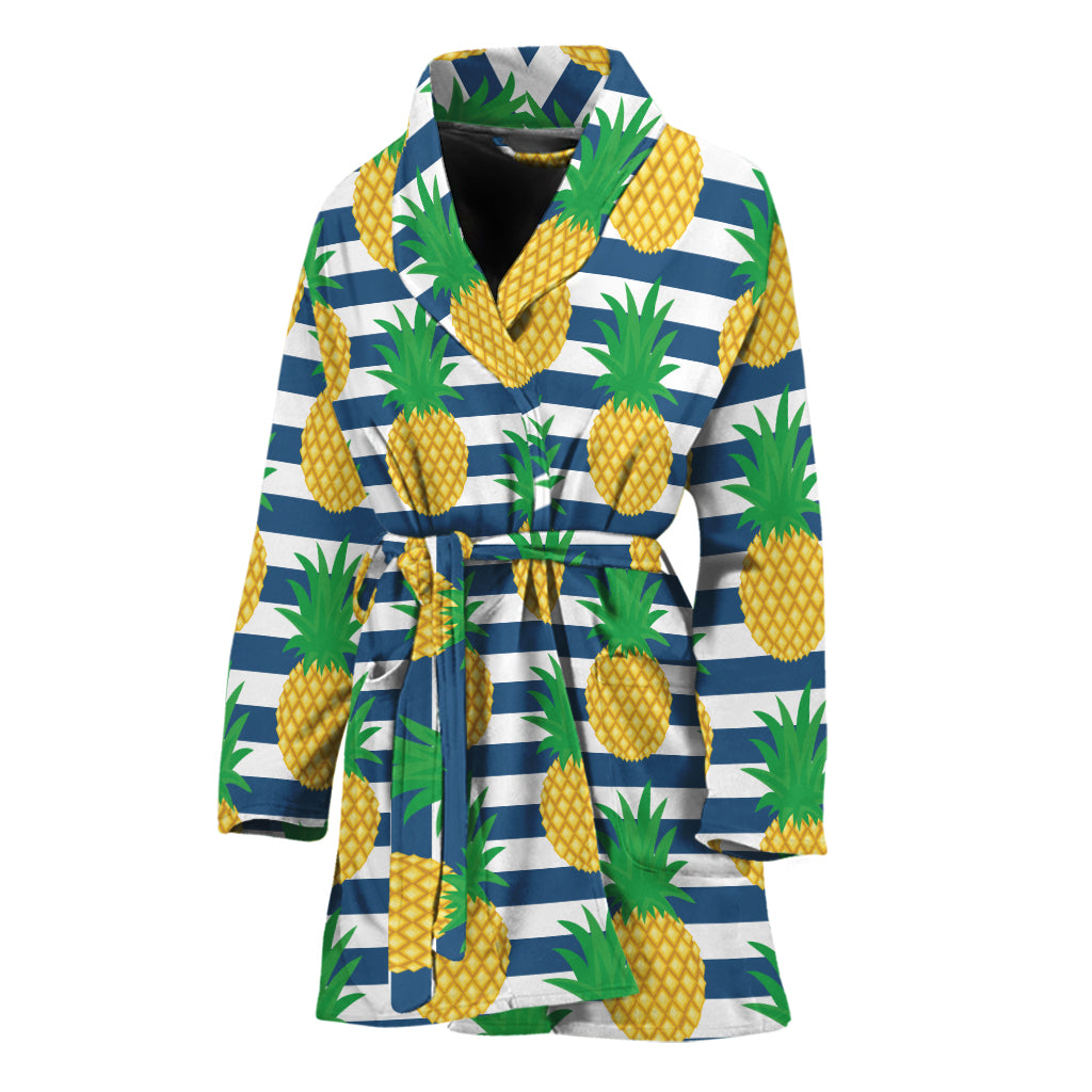 Blue Striped Pineapple Pattern Print Women's Bathrobe