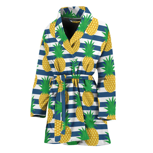 Blue Striped Pineapple Pattern Print Women's Bathrobe
