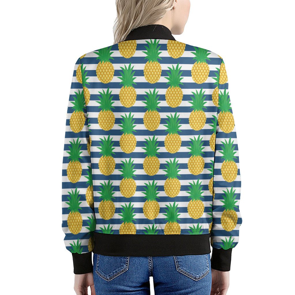 Blue Striped Pineapple Pattern Print Women's Bomber Jacket