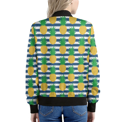 Blue Striped Pineapple Pattern Print Women's Bomber Jacket