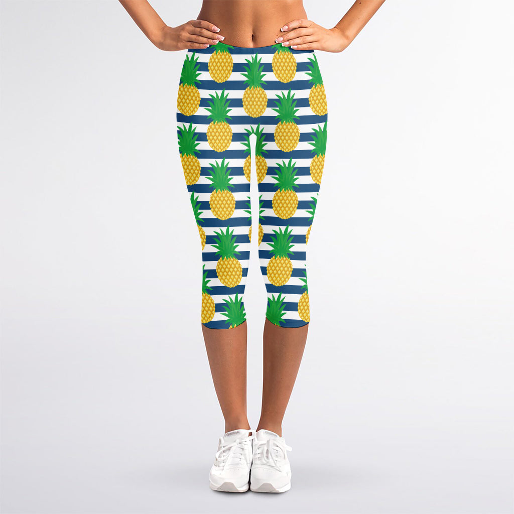 Blue Striped Pineapple Pattern Print Women's Capri Leggings