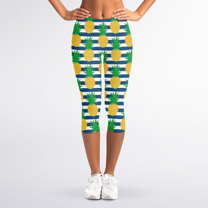 Blue Striped Pineapple Pattern Print Women's Capri Leggings