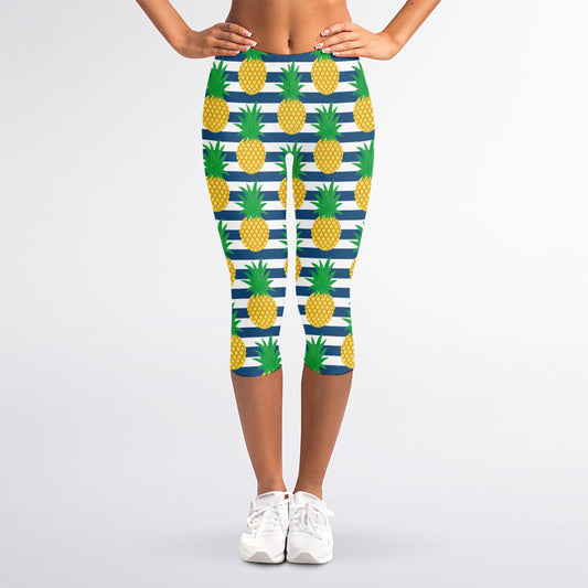 Blue Striped Pineapple Pattern Print Women's Capri Leggings