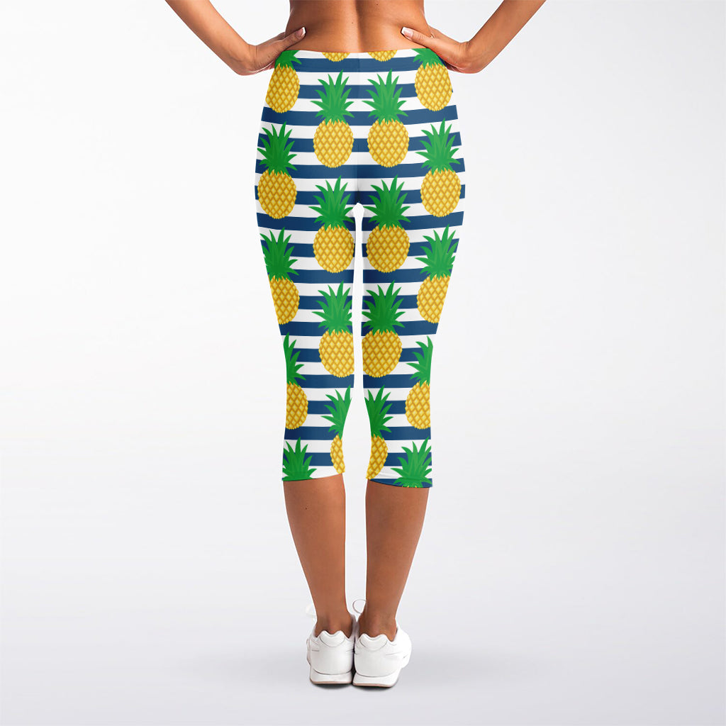 Blue Striped Pineapple Pattern Print Women's Capri Leggings