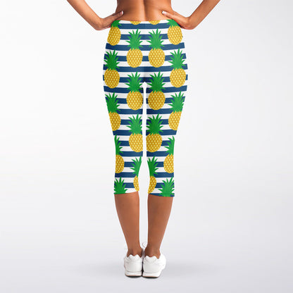 Blue Striped Pineapple Pattern Print Women's Capri Leggings