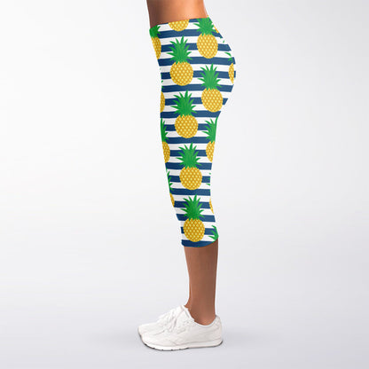 Blue Striped Pineapple Pattern Print Women's Capri Leggings