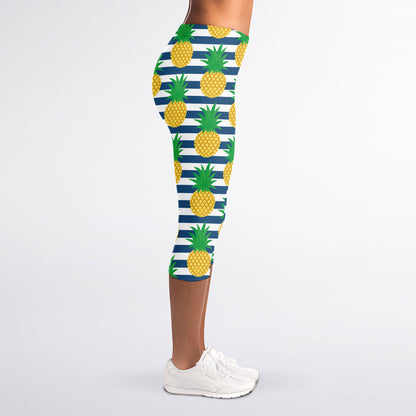 Blue Striped Pineapple Pattern Print Women's Capri Leggings