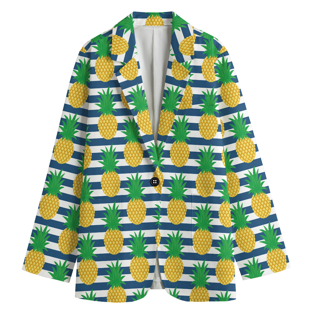 Blue Striped Pineapple Pattern Print Women's Cotton Blazer
