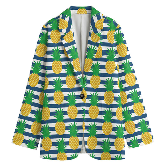 Blue Striped Pineapple Pattern Print Women's Cotton Blazer