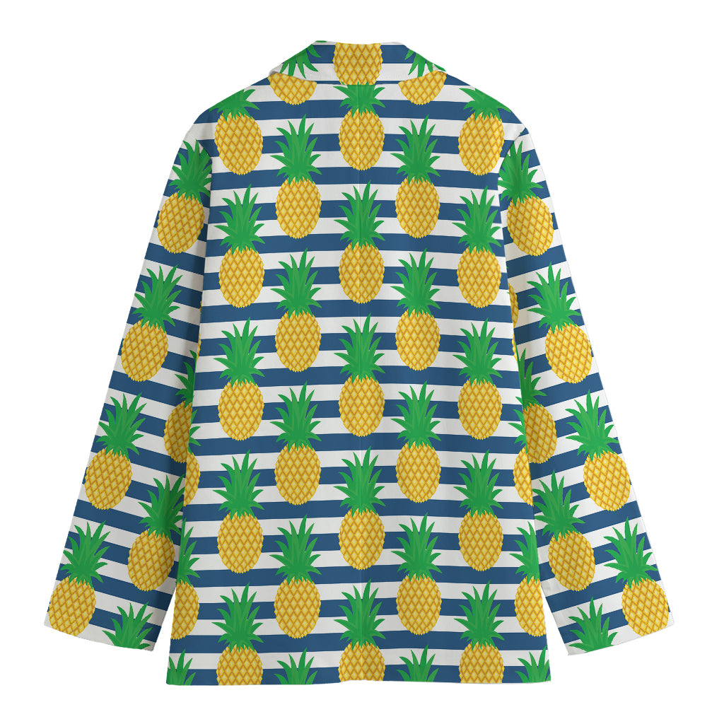 Blue Striped Pineapple Pattern Print Women's Cotton Blazer