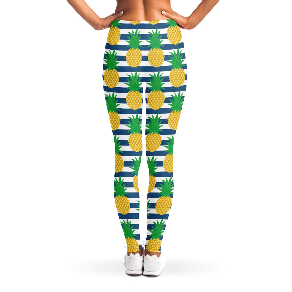 Blue Striped Pineapple Pattern Print Women's Leggings