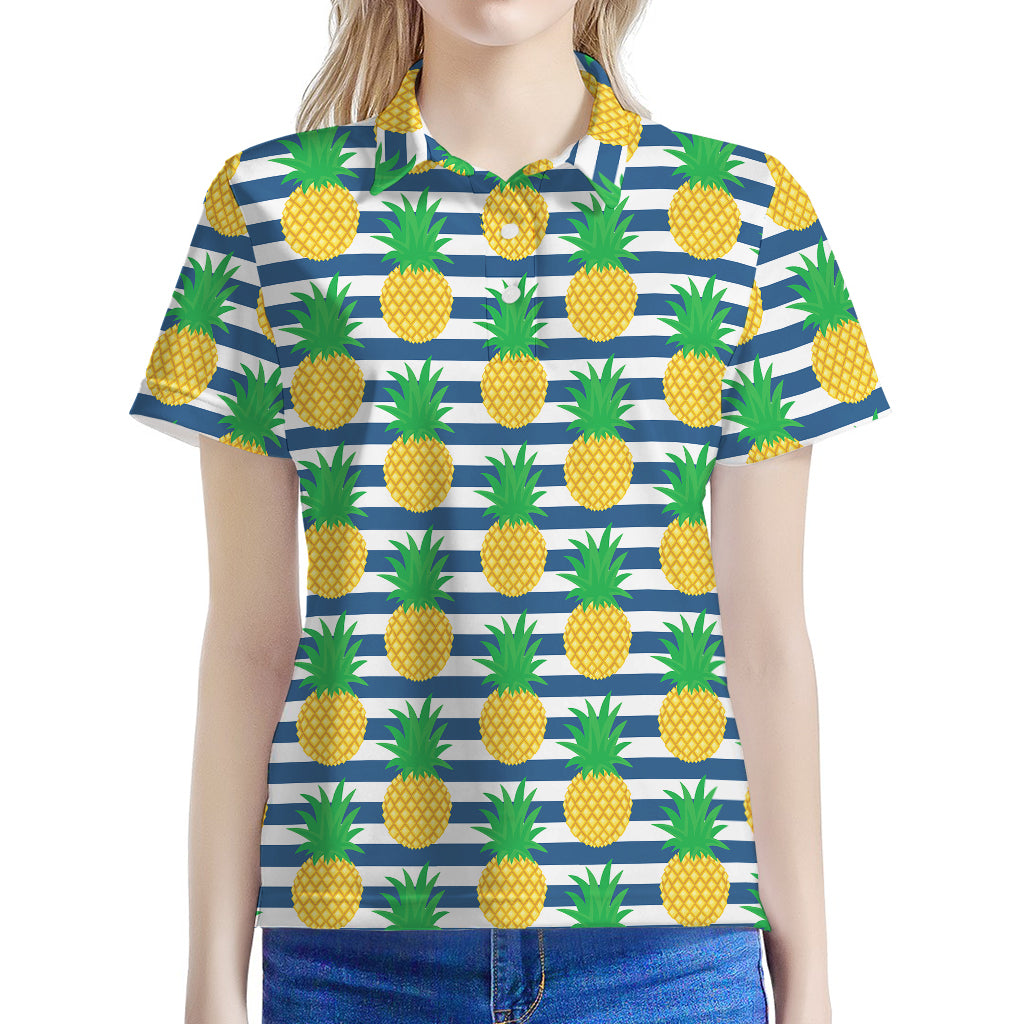 Blue Striped Pineapple Pattern Print Women's Polo Shirt