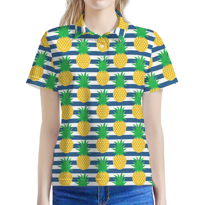Blue Striped Pineapple Pattern Print Women's Polo Shirt