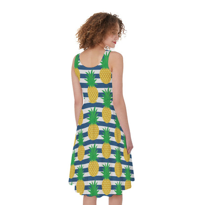 Blue Striped Pineapple Pattern Print Women's Sleeveless Dress