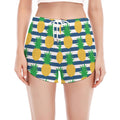 Blue Striped Pineapple Pattern Print Women's Split Running Shorts