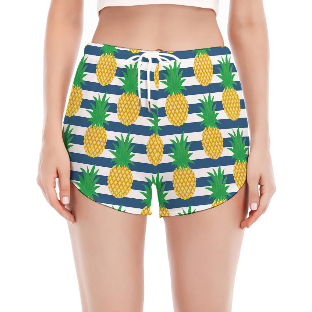 Blue Striped Pineapple Pattern Print Women's Split Running Shorts