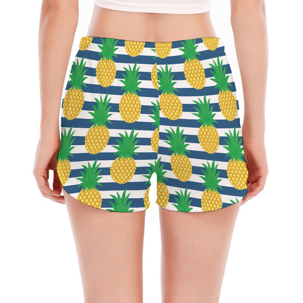 Blue Striped Pineapple Pattern Print Women's Split Running Shorts