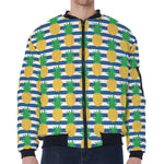 Blue Striped Pineapple Pattern Print Zip Sleeve Bomber Jacket