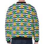Blue Striped Pineapple Pattern Print Zip Sleeve Bomber Jacket