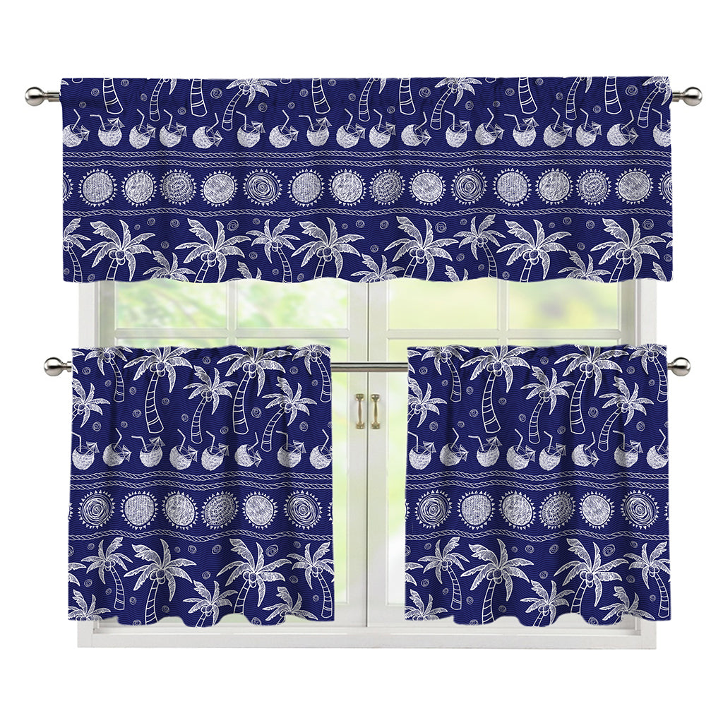 Blue Summer Coconut Pattern Print 3 Piece Kitchen Curtains