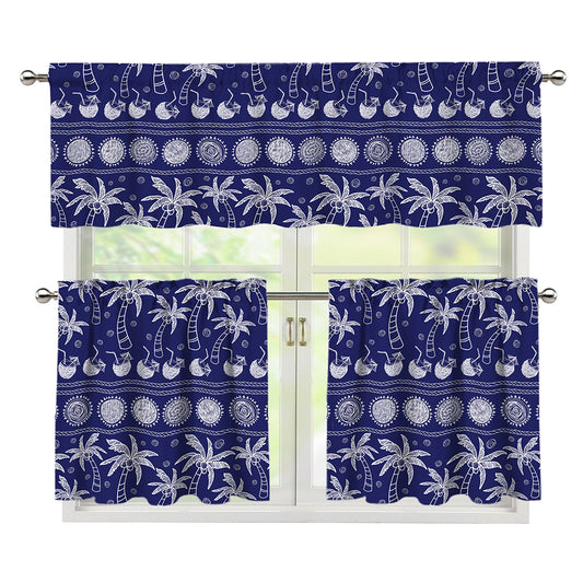 Blue Summer Coconut Pattern Print 3 Piece Kitchen Curtains