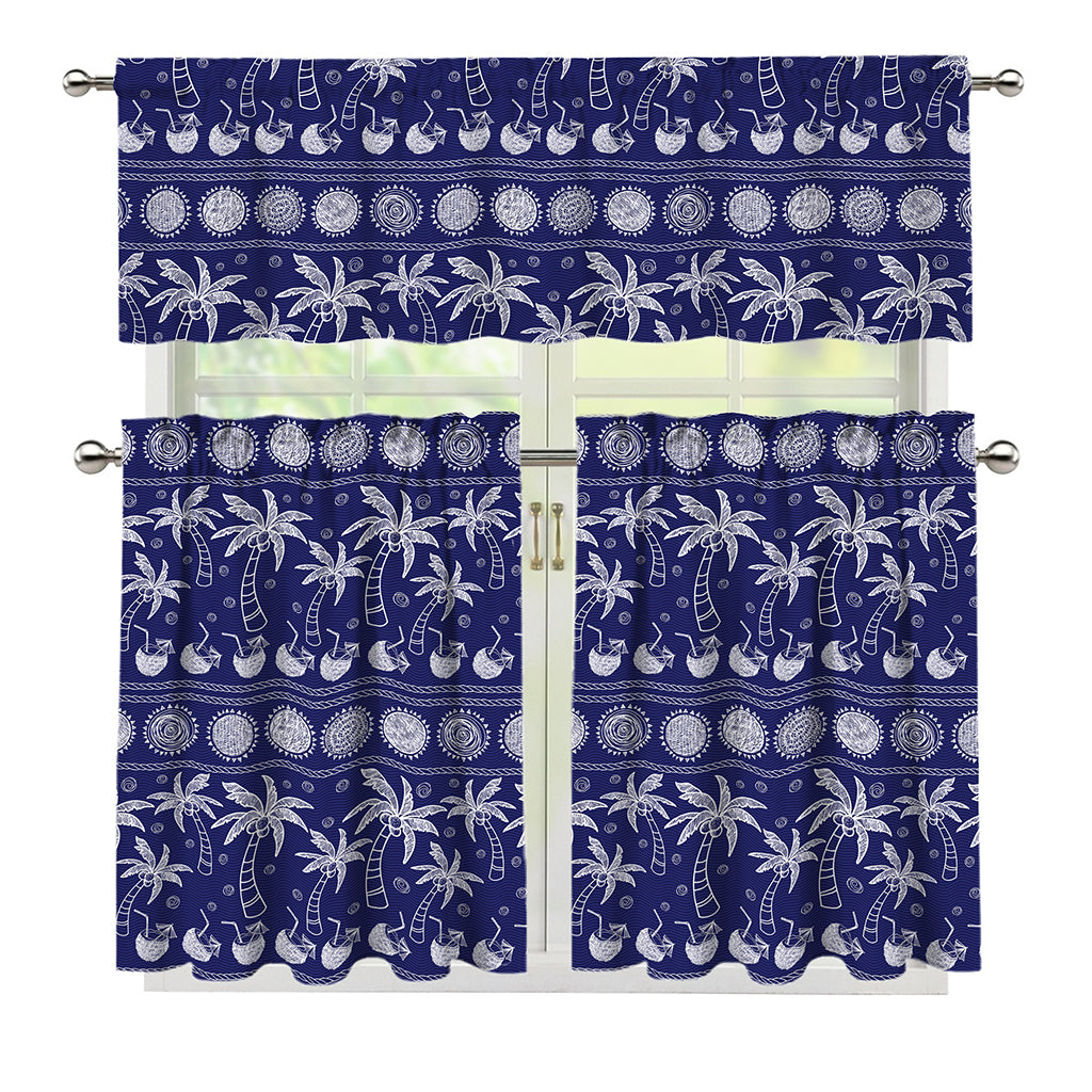 Blue Summer Coconut Pattern Print 3 Piece Kitchen Curtains