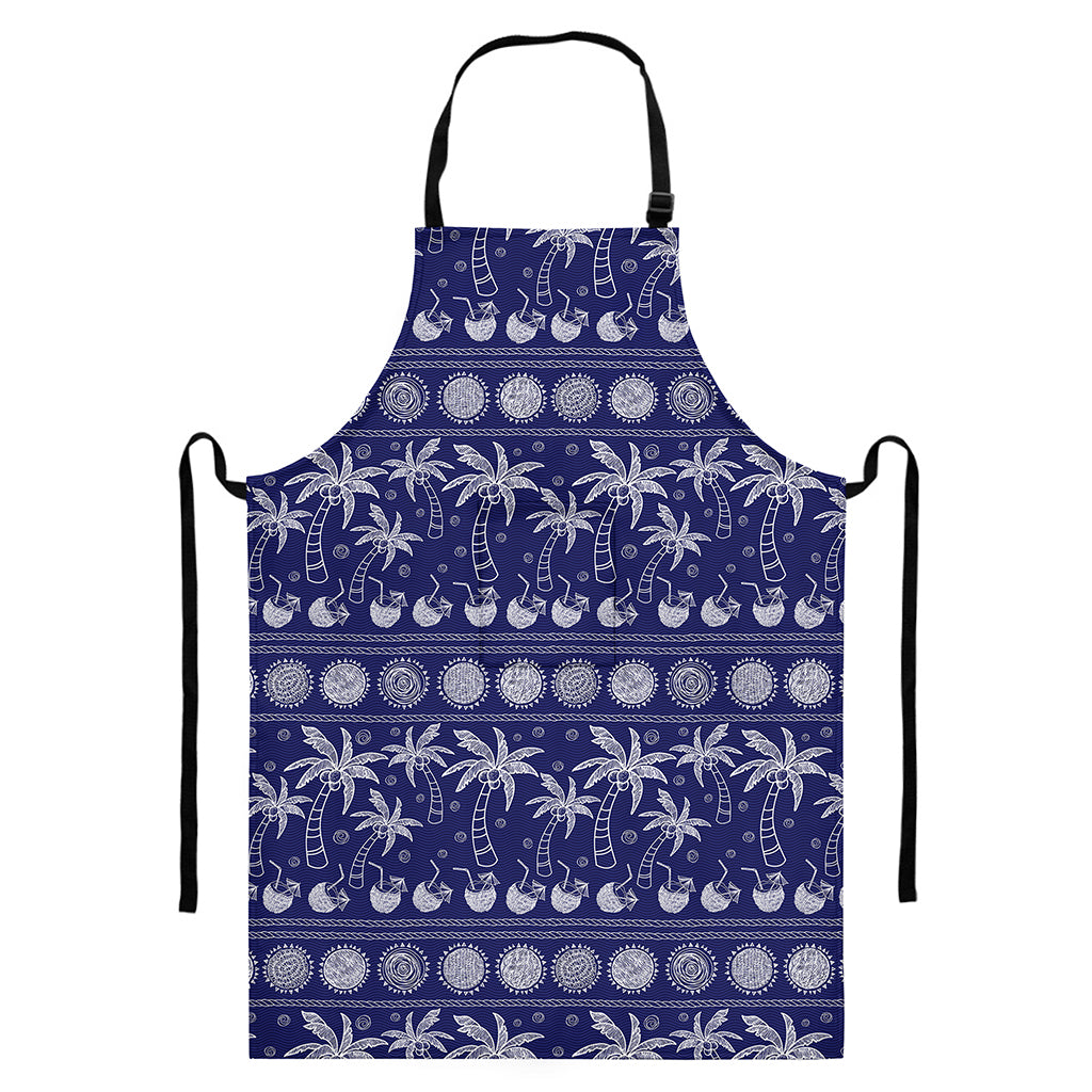 Blue Summer Coconut Pattern Print Bib Apron With Pocket