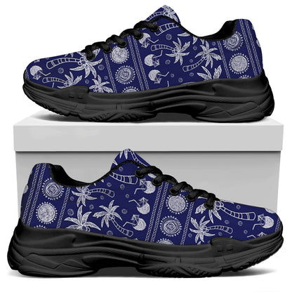 Blue Summer Coconut Pattern Print Black Chunky Shoes