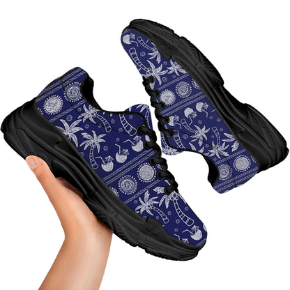 Blue Summer Coconut Pattern Print Black Chunky Shoes