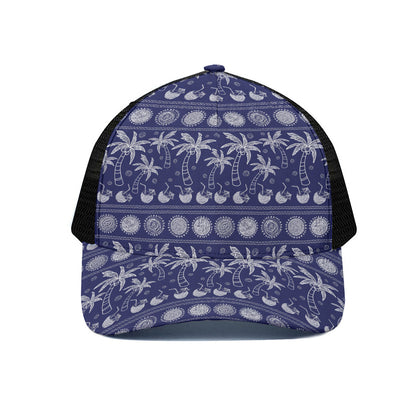 Blue Summer Coconut Pattern Print Black Mesh Trucker Cap